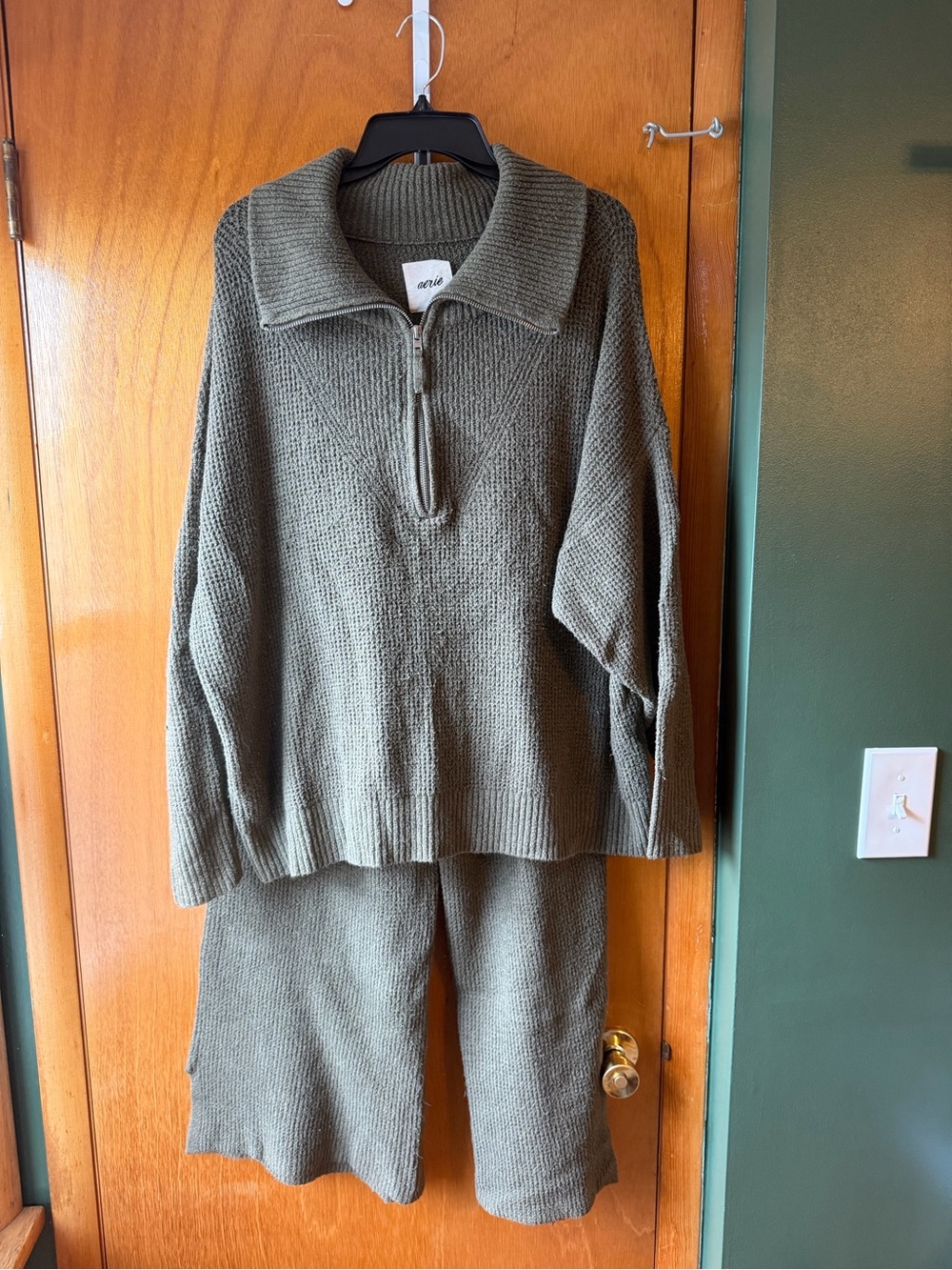 Aerie Olive Green Half-Zip Knit Sweater Set